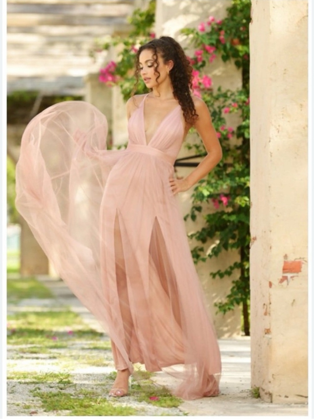 New Gorgeous LUXXEL Dusty Rose Tulle Maxi Dress Size S - Picture 4 of 14